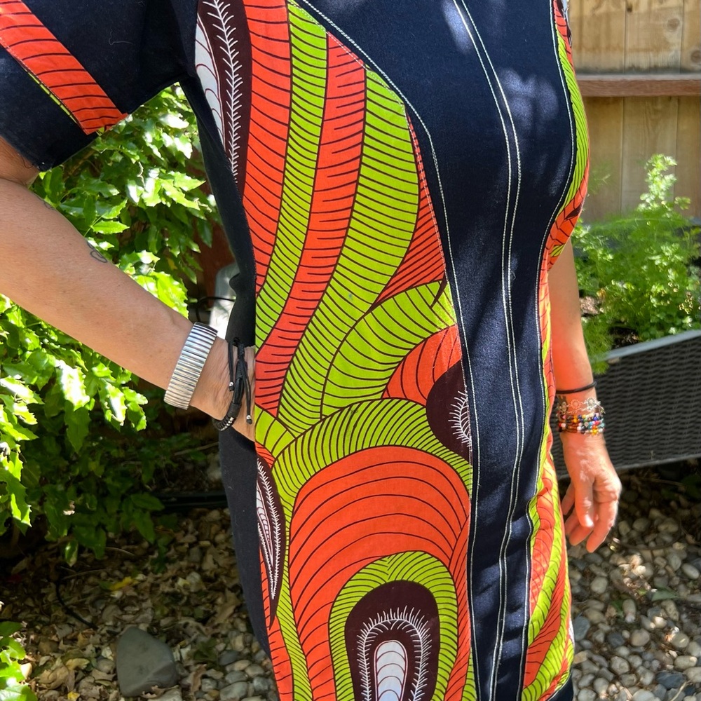 Vibrant Denim and Orange/Green Mini Dress